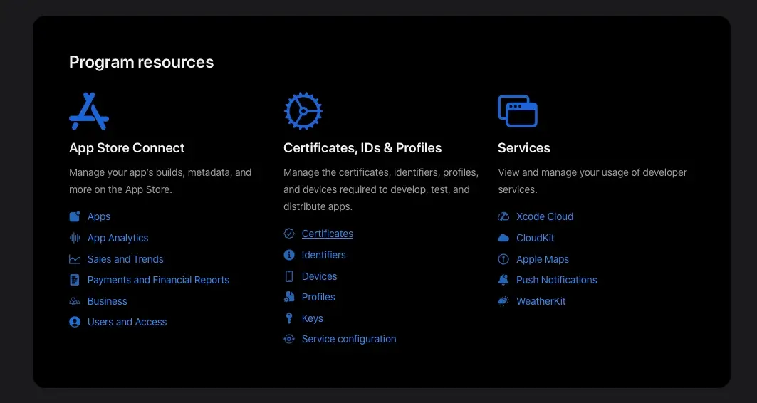 Apple Developer Account Console