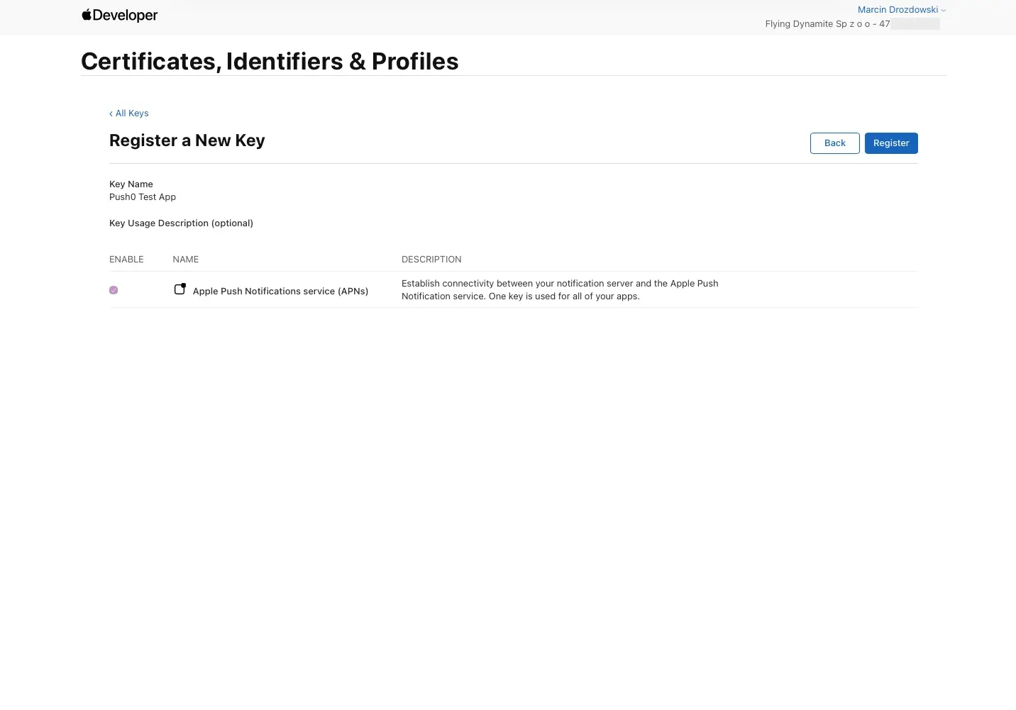 Apple Developer Account Console - project setup