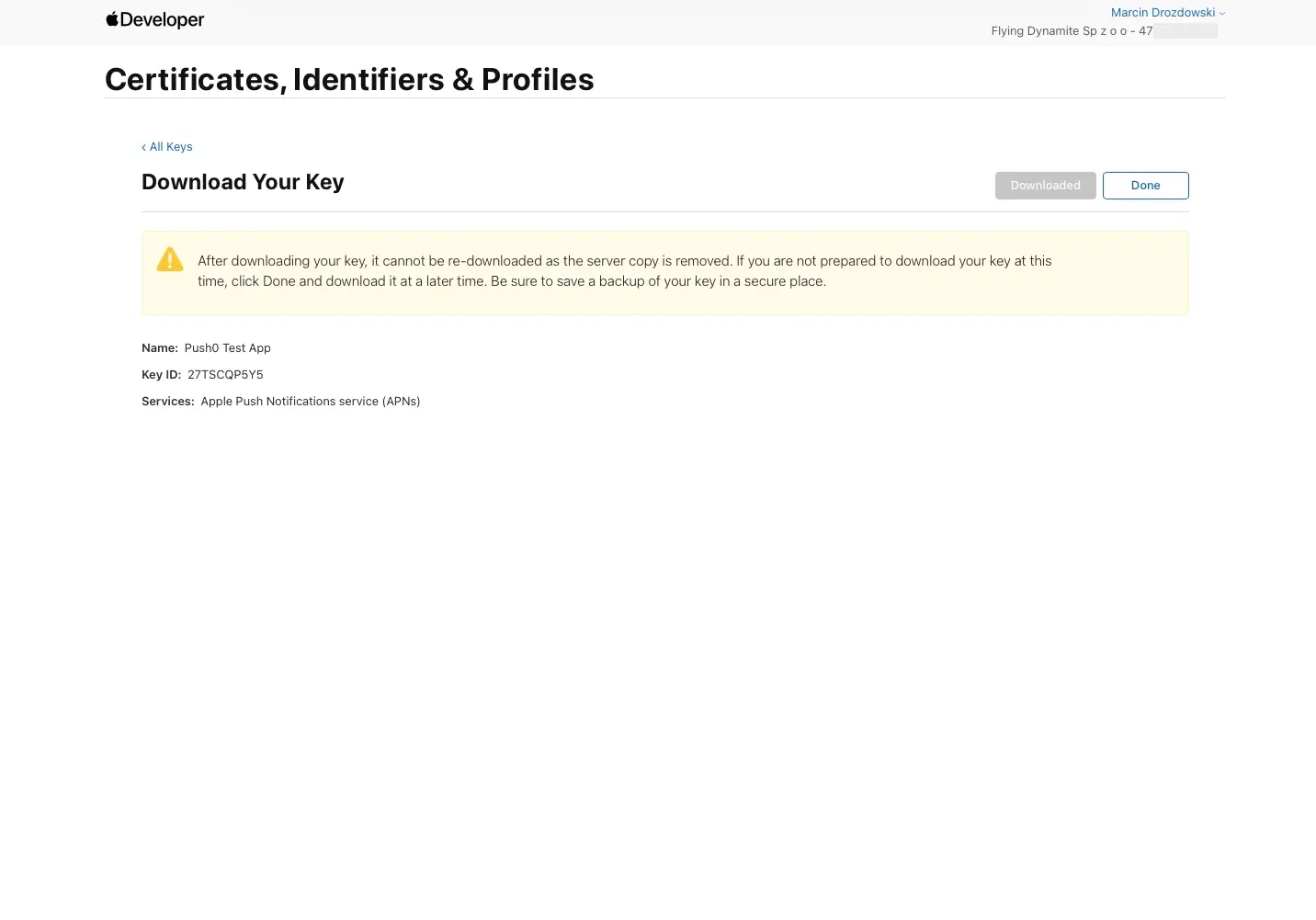 Apple Developer Account Console - project setup