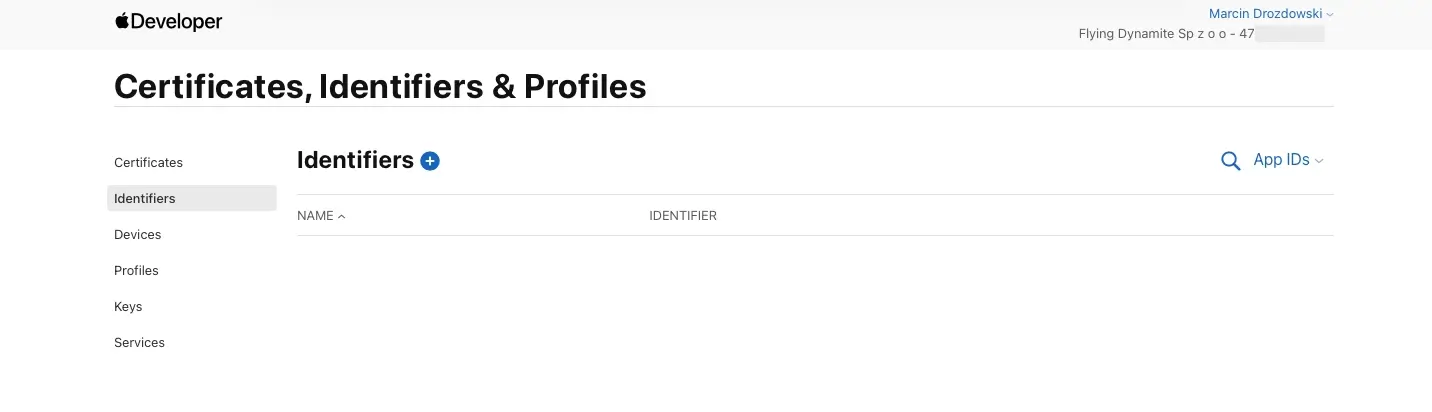 Apple Developer Account Console - add project