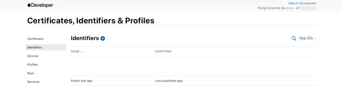 Apple Developer Account Console - project setup