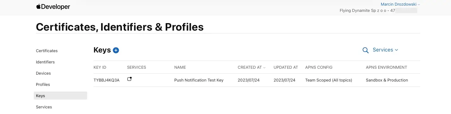 Apple Developer Account Console - project setup
