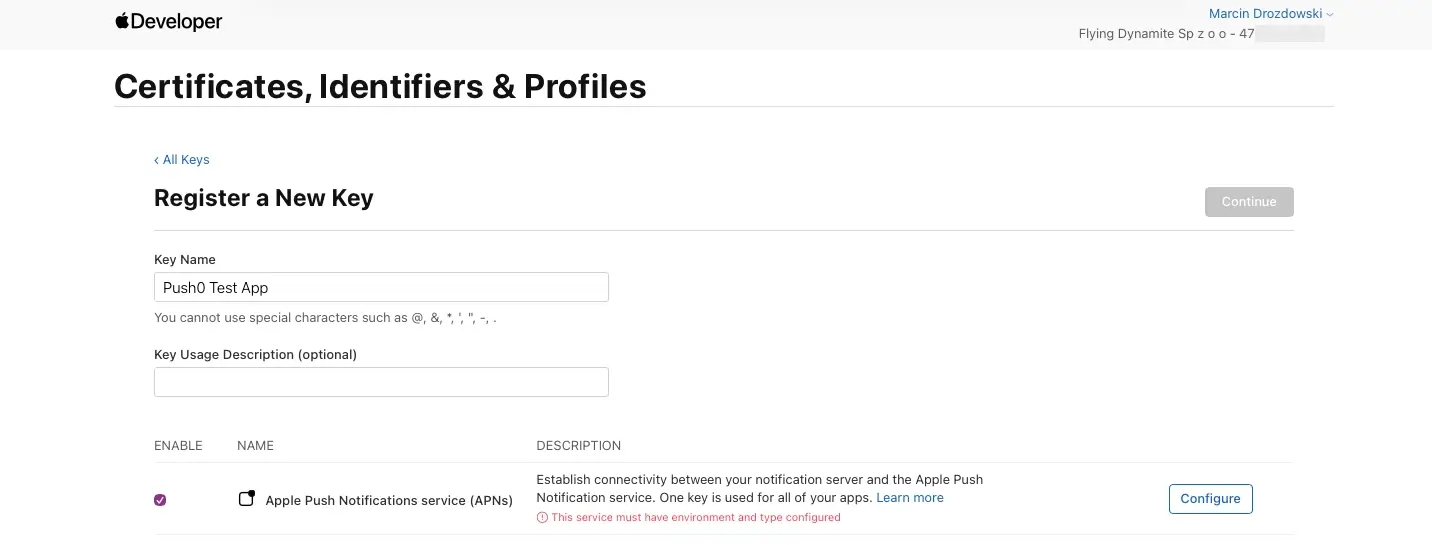 Apple Developer Account Console - project setup
