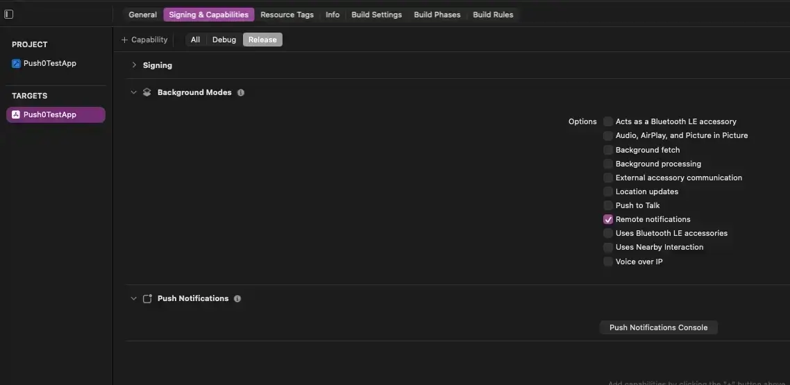 Xcode capability remote notifications - add project