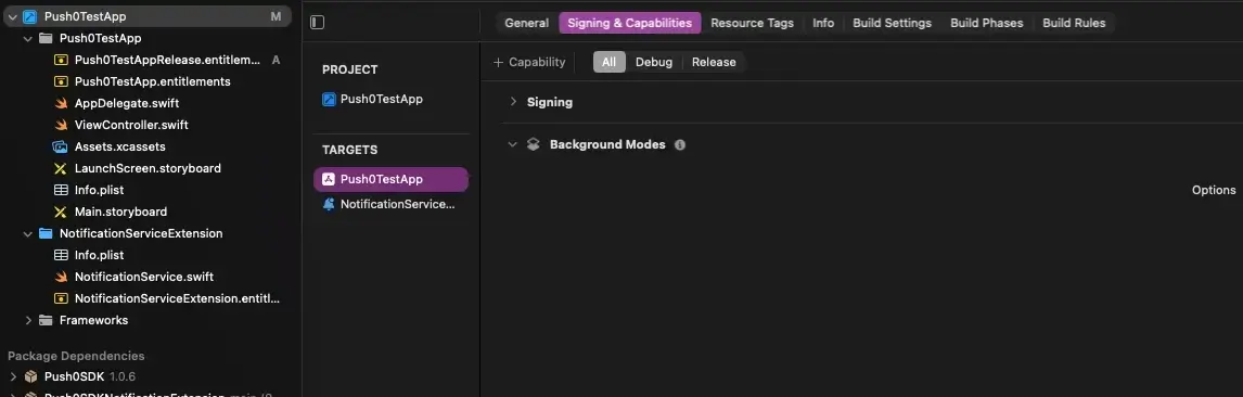 Xcode capability remote notifications - add project