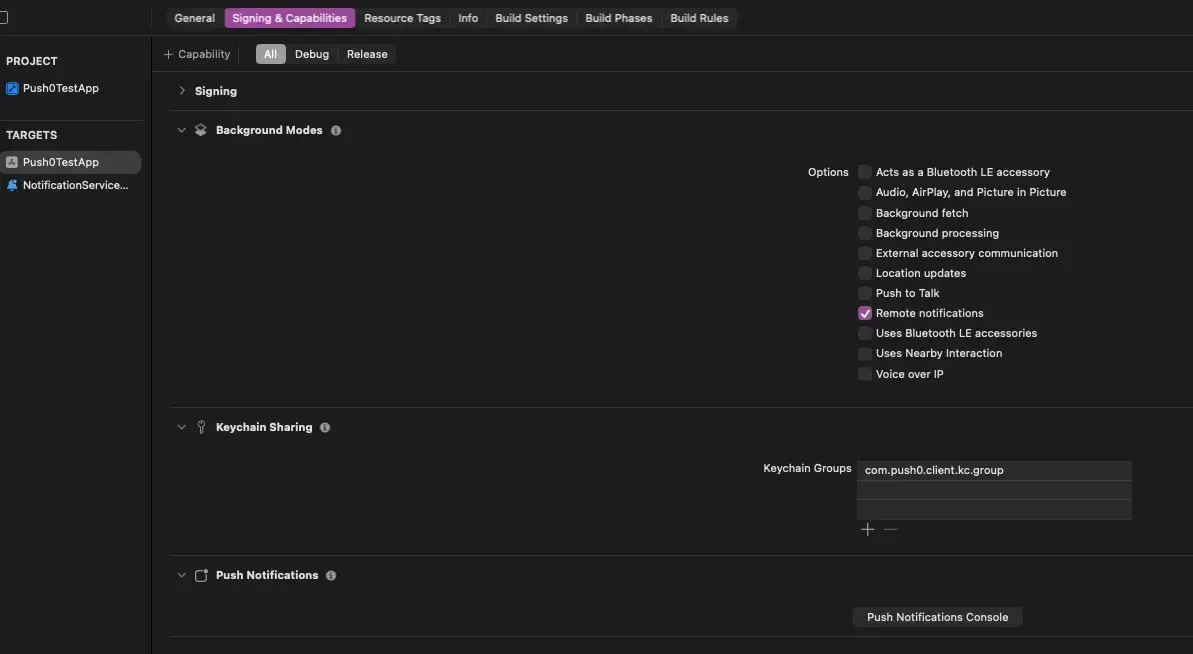Xcode capability remote notifications - add project